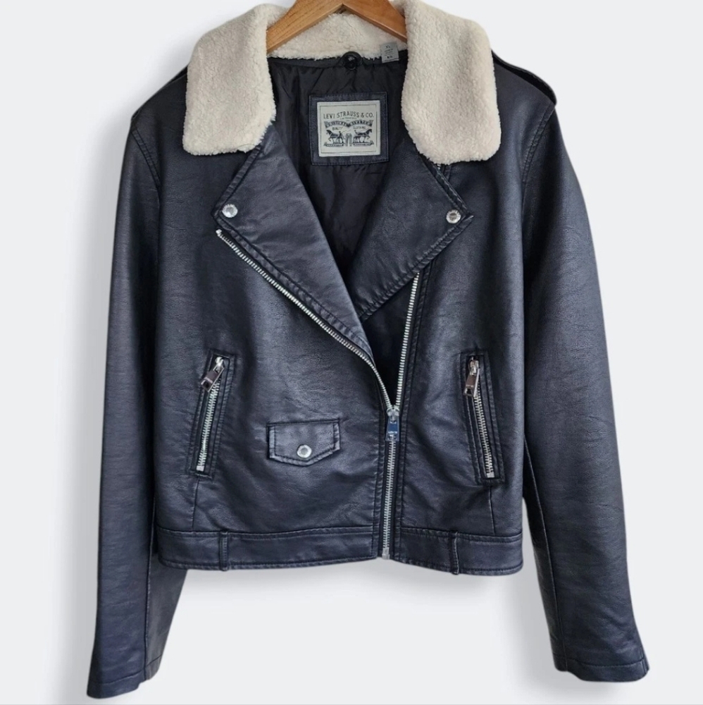 Levi’s | Faux Leather Moto Jacket Black Sherpa Collar Womens XL Vegan Retro